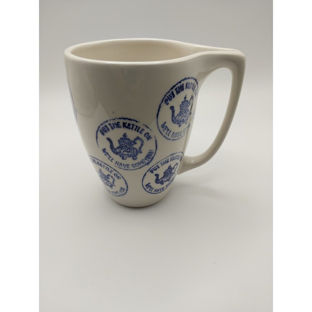Vintage Just Mugs White Ceramic Tea Cup Blue Stamp Teapot Ergonomic Handle EUC